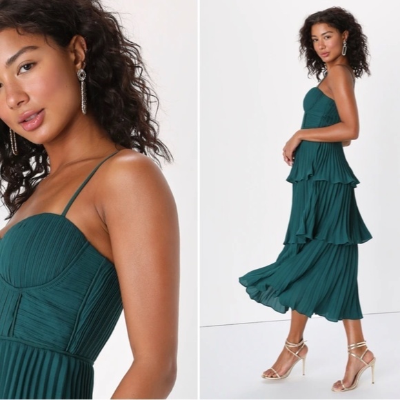 LULUS Prom Wedding Flowy Sexy Boho Tiered Ruffles Bustier Midi Dress - Picture 1 of 6